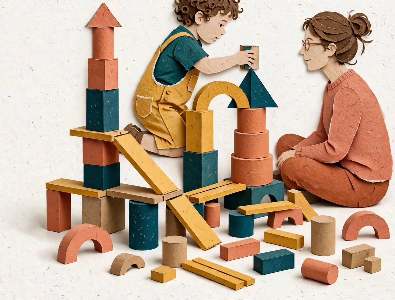 Paper-cut illustration of a young child building towers and bridges with blocks while a parent watches nearby